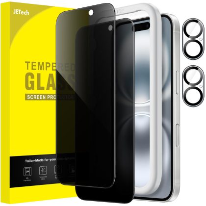 JETech Privacy Screen Protector for iPhone 16 6.1-Inch with Camera Lens Protector, Anti-Spy Tempered Glass Film, Easy Installation Tool, 2-Pack Each