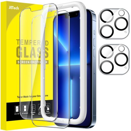 JETech Screen Protector and Camera Lens Protector Compatible with iPhone 13 Pro 6.1-Inch (Not for iPhone 13) with Easy-Installation Tool, Tempered Glass Film, 2-Pack Each