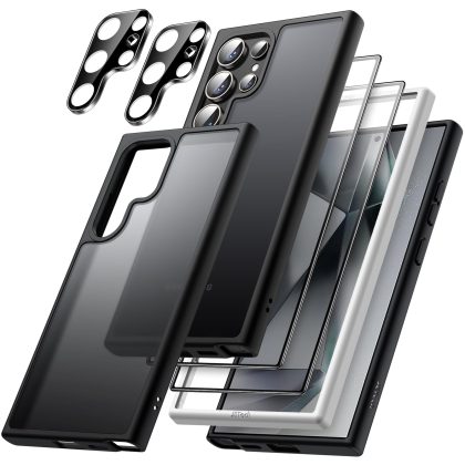JETech 5 in 1 Matte Case for Samsung Galaxy S24 Ultra 5G with 2-Pack Screen Protector and Camera Lens Protector, Translucent Back Protective Phone Cover, Tempered Glass Film