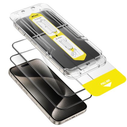 JETech Full Coverage Screen Protector for iPhone 15 Pro Max 6.7-Inch with One-Step Alignment Tray, Bubble-Free Tempered Glass Film, HD Clear, 2-Pack