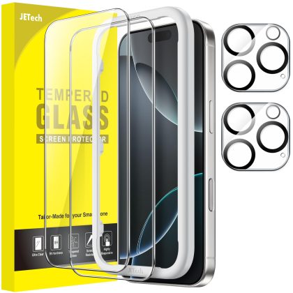 JETech Screen Protector for iPhone 16 Pro 6.3-Inch with Camera Lens Protector, Easy Installation Tool, Tempered Glass Film, HD Clear, 2-Pack Each