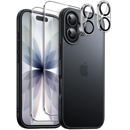JETech 5 in 1 Matte Case for iPhone 17 6.3-Inch with 2-Pack Each Tempered Glass Screen Protector and Camera Lens Protector, Translucent Back Shockproof Phone Cover