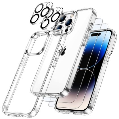 JETech 5 in 1 Case for iPhone 14 Pro Max 6.7-Inch, with 2-Pack Screen Protector and Camera Lens Protector, Non-Yellowing Shockproof Bumper Phone Cover, Full Coverage Tempered Glass Film