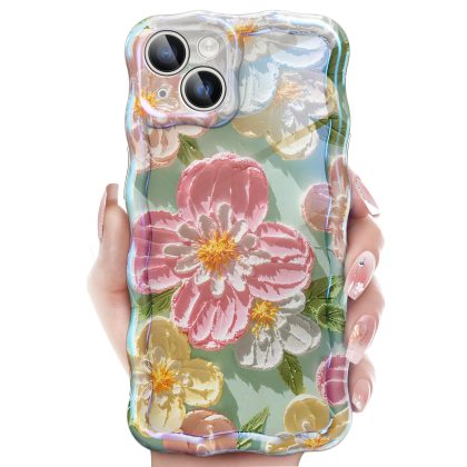 JETech Cute Case for iPhone 13 6.1-Inch, Colorful Retro Oil Painting Floral Design Curly Wave Frame, Stylish Flower TPU Soft Protective Phone Cover for Women and Girl