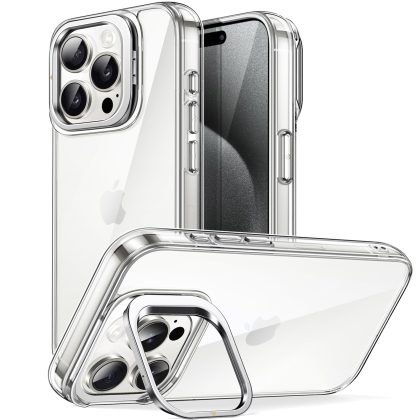 JETech Kickstand Case for iPhone 15 Pro Max 6.7-Inch, Built-in Camera Ring Stand, Non-Yellowing Shockproof Phone Bumper Cover, Anti-Scratch Clear Back