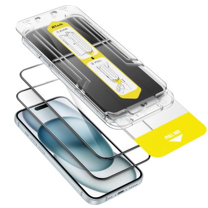 JETech Full Coverage Screen Protector for iPhone 15 Plus 6.7-Inch with One-Step Alignment Tray, Bubble-Free Tempered Glass Film, HD Clear, 2-Pack